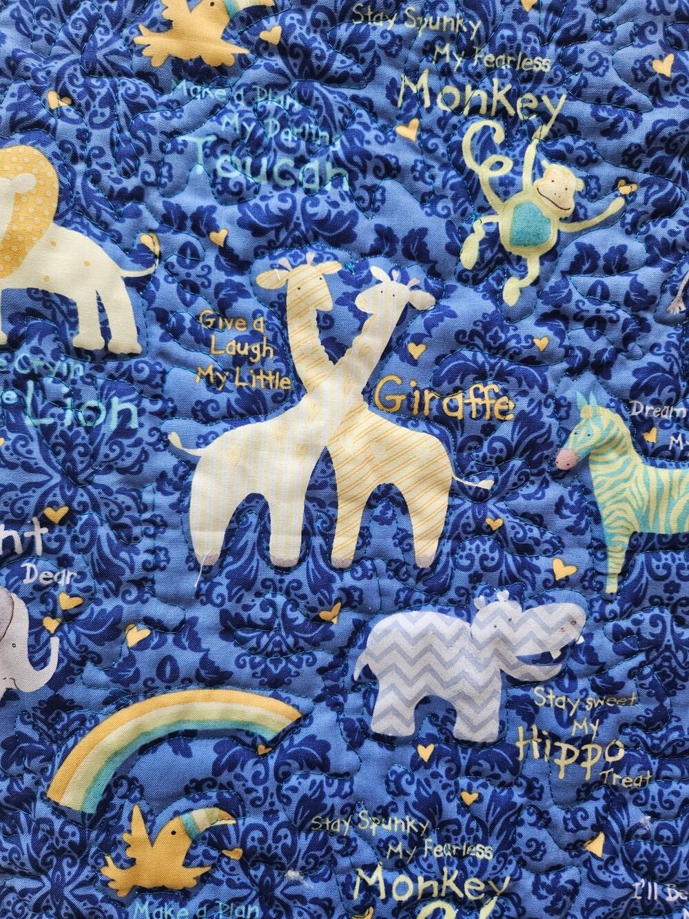 Just Made Baby Quilt Blues & Greens Safari Animals 42"x28" Soft white Minky Back